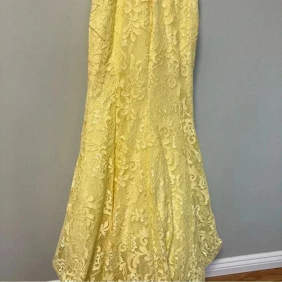 La Femme yellow sheer  lace mermaid gown - Picture 3 of 8